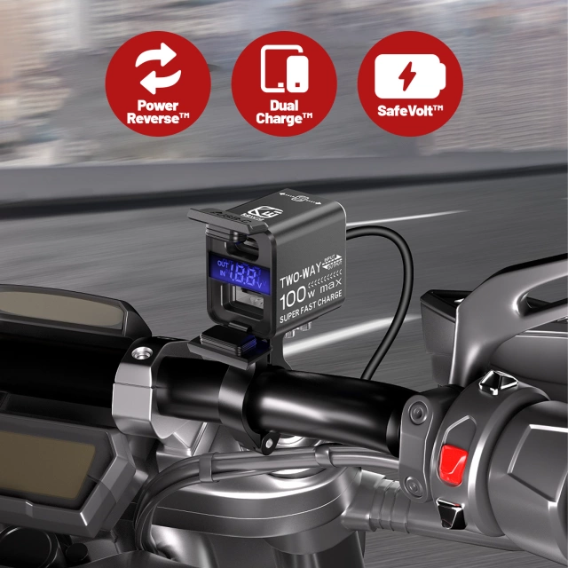 Ładowarka Motocyklowa Kewig, Uniwersalna Aluminiowa 100W, Dwukierunkowa z Woltomierzem, Szybkie Ładowanie USB-A i USB-C, Inteligentna i Wodoodporna – Czarna