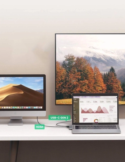 Wielofunkcyjny HUB UGREEN 2x USB Typ C na USB Typ C PD (Thunderbolt 3, 100W, 4K@60 Hz, 10 Gbps) / HDMI 4K@30 Hz / 3x USB 3.0 do MacBook Pro / Air szary (60559)