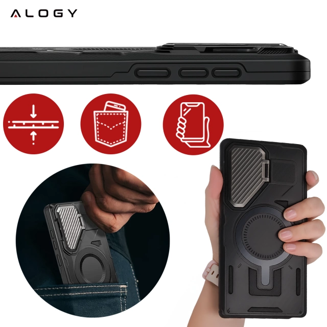 Etui do Samsung Galaxy S25 Ultra Case do MagSafe Wzmocniona Pancerna ochrona obiektywów z funkcją podstawki obudowa ochronna na telefon Alogy HeavyDuty Mag™️Czarne + SZKŁO HARTOWANE