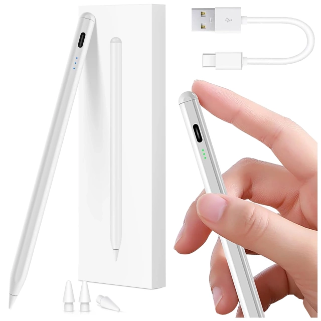 Rysik do Apple iPad Alogy Pencil z funkcją Palm Rejection Pressure Sensing Tilt Magnetyczny USB-C + 3 zapasowe końcówki Biały