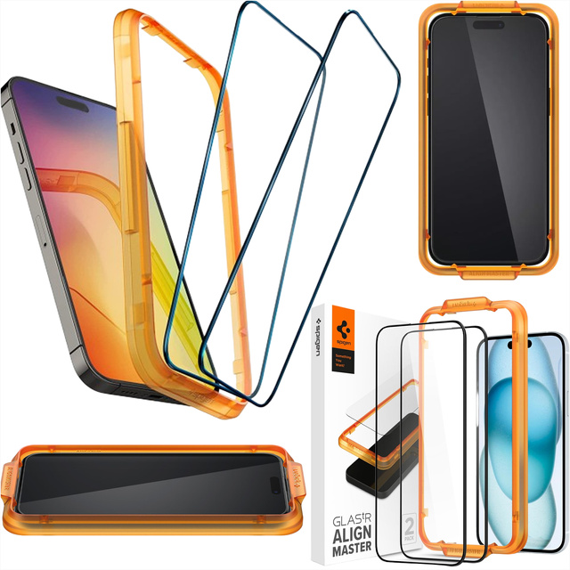 2x Szkło hartowane do Apple iPhone 15 / 16 na ekran Spigen Alm Glass FC 2-Pack 9H + zestaw aplikacyjny Black