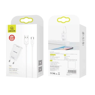 USAMS Wandladegerät 1xUSB T21 USB-C weiß/weiß 2.1A Schnellladekabel T21OCTC01
