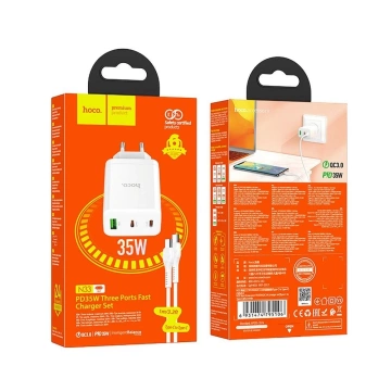 HOCO Wandladegerät 2 x Typ C USB A Kabel Typ C auf Typ C PD QC3.0 3A 35W Weiß
