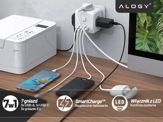 Rozgałęźnik sieciowy rozdzielacz Ładowarka adapter złodziejka 3 gniazdka EU 3x USB + USB-C C 7w1 Alogy Biały