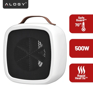 Grzejnik elektryczny mini Farelka 500W – termowentylator biurkowy do kontaktu, szybkie nagrzewanie, kompaktowy i energooszczędny – Alogy HeatPlug™ Biały