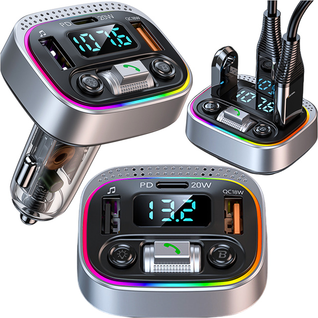 Bluetooth FM MP3 Autosender Schnellladegerät 2 x USB QC 3.0 USB-C C PD 20W LED RGB Alogy Car Silber