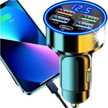 Autoladegerät 4x USB QC 3.0 USB C PD 20W LED schnell leistungsstark 250W für Alogy Autotelefon schwarz