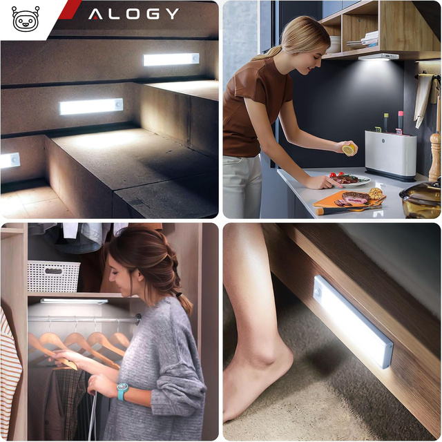 2x Lampka szafkowa z czujnikiem ruchu Listwa Alogy Motion Sensor LED Light 60cm do garderoby szafy kuchni Srebrna