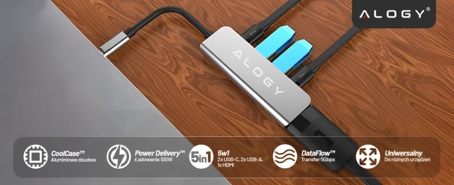Hub 5w1 USB-C do USB-C PD100W, USB-C, USB.A 2.0, USB.A 3.0, HDMI 4K 30Hz / 1080p 60Hz – Alogy MultiHub™ Do Notebooka Laptopa