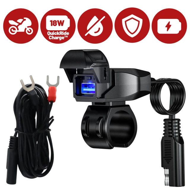 Ładowarka Motocyklowa Kewig USB-A 18W, Szybkie Ładowanie QC, Wodoodporna IP65 z Wyłącznikiem i Podświetleniem LED, Montaż na Kierownicy, do Telefonu, Kamerki, Interkomu – Czarna