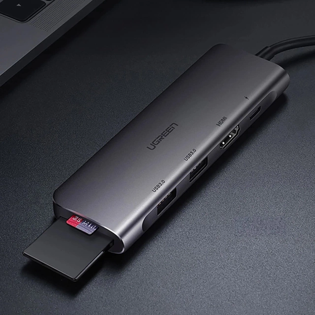 Adapter Ugreen CM195 USB-C HDMI USB-A SD TF PD 100W Hub 6w1 Szary