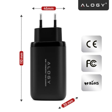 Alogy GaNCharge Kompaktes 3-in-1-Wandladegerät, schnelles Laden, GaN3, 65 W, USB-A, 30 W, 2 x USB-C, 65 W, Schwarz