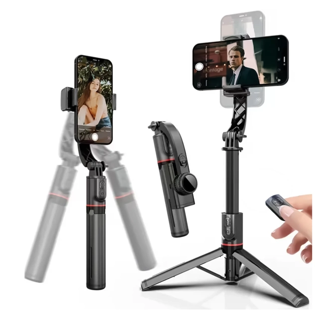 Gimbal stabilny Statyw z pilotem Bluetooth Selfie Stick Lampą LED oświetleniem obrotowy 360° 70cm Techsuit L19s Czarny