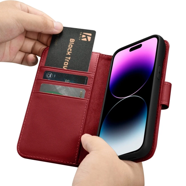 Etui na telefon iCarer Wallet Case 2in1 do iPhone 14 Pro Max skórzany pokrowiec z klapką Anti-RFID czerwony