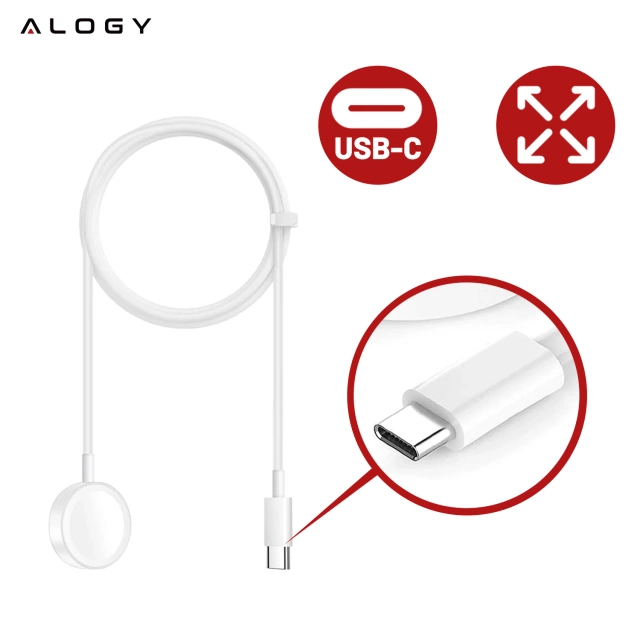 Kabel ładowarka indukcyjna Qi do Apple Watch – magnetyczna, złącze USB-C Type-C, szybkie i stabilne ładowanie, długość 1m 100cm, Alogy WatchCharge™ Biała