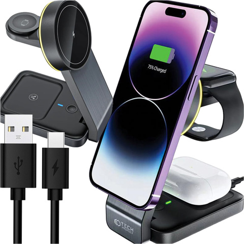 Ładowarka indukcyjna Qi Mag Safe 15W do iPhone Apple Watch AirPods 3w1 bezprzewodowa stojak czarna