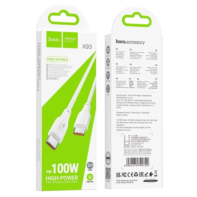 HOCO kabel Typ C do Typ C 3A 100W X93 2 m biały