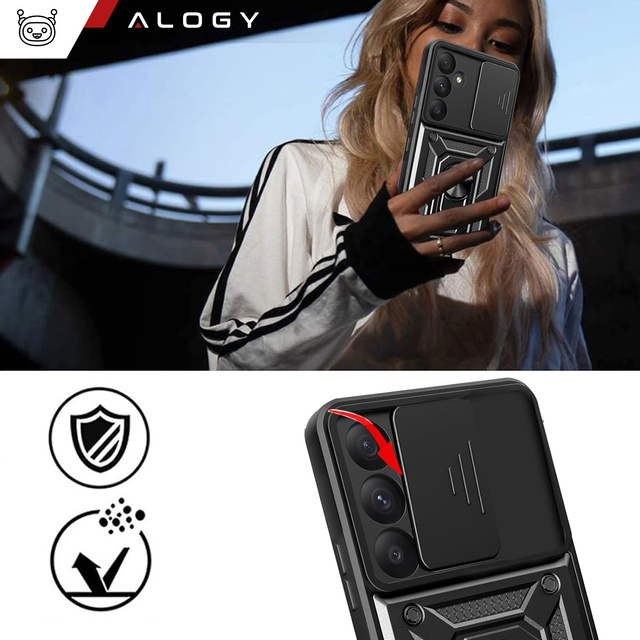 Etui do Samsung Galaxy A35 5G pancerne Slide Case Ring obudowa ochrona aparatu Camshield Alogy czarne + Szkło