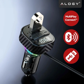 Bluetooth 5.3 FM-Transmitter mit PD 30W QC3.0 Kfz-Ladegerät, USB-C-Spiralkabel, USB-Stick-Unterstützung, 7-farbiger LED-Hintergrundbeleuchtung – Alogy CarTune™ Schwarz