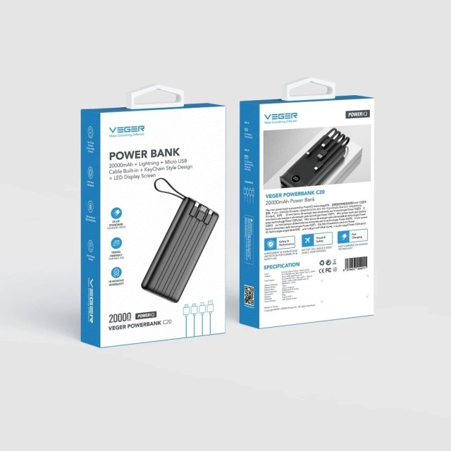 Powerbank Bateria zewnętrzna (POWER BANK) VEGER C20 - 20 000mAh (Micro + Typ C + Lightning 8-pin) czarny W2047