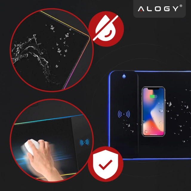 Podkładka na biurko z oświetleniem LED RGB pod myszkę mysz klawiaturę z ładowarką Qi do telefonu Alogy QiGlow Pro Mata ochronna antypoślizgowa gamingowa XL 80x30 cm Czarna