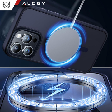 Hülle für iPhone 15 Pro MagSafe Matt Case Cover mattiert Alogy Ring gepanzerte Handyhülle Marineblaues Glas