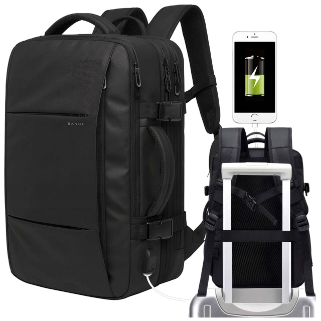 Plecak podróżny Bange BackPack biznesowy plecak rozszerzalny Torba pojemna do laptopa 17.3" z portem USB Czarny