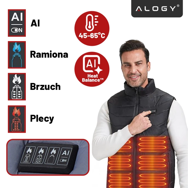 Kamizelka grzewcza z 28 strefami – 4-stopniowa regulacja temperatury, zasilanie USB, idealna na zimę i aktywności outdoor – Alogy ThermoVest™ Czarna (L)