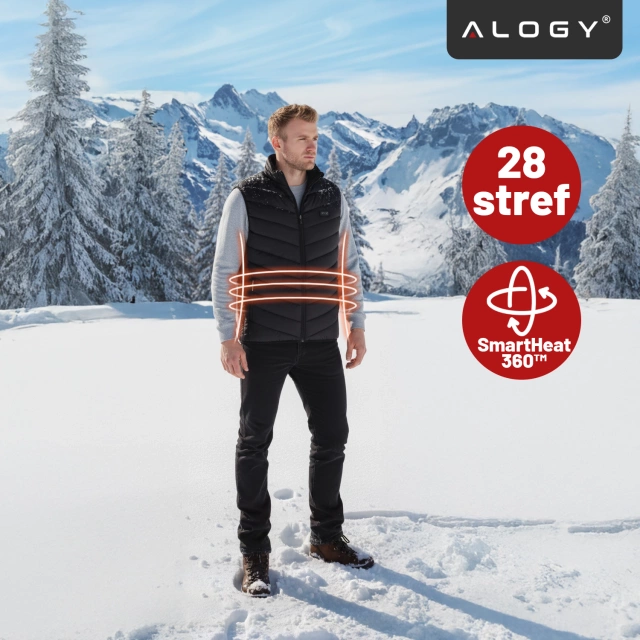 Kamizelka grzewcza z 28 strefami – 4-stopniowa regulacja temperatury, zasilanie USB, idealna na zimę i aktywności outdoor – Alogy ThermoVest™ Czarna (XL)