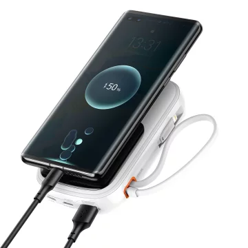 Powerbank mit Schnellladefunktion Baseus Qpow Digital Display 20000mAh 20W QC/PD/SCP/FCP mit integriertem Lightning-Kabel weiß