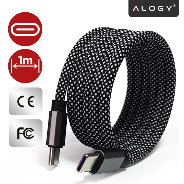 Kabel Zasilający USB-C do USB-C 65W 1m, Szybkie Ładowanie PD, Magnetyczny, Trwały i Elastyczny Przewód Kompatybilny z iPhone, MacBook i Android, Alogy MagiCharge™ – Czarny + Ładowarka Sieciowa 3w1 65W