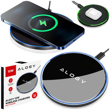QI kabelloses induktives Ladegerät 15 W schnelle LED Alogy rund für iPhone USB-C-Kabel Schwarz