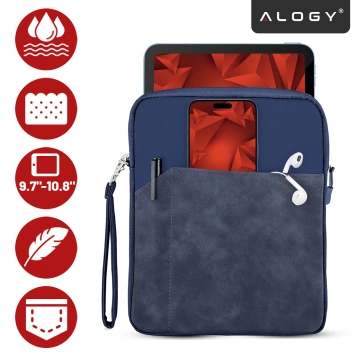 Torba Wsuwka Uniwersalna na tablet 9.7–10.8" z Smyczką i Kieszonką, Ochronna, Wodoodporna, Miękkie Wnętrze Alogy SleeveBag™ – Etui do iPad, Samsung, Lenovo, Xiaomi, Granatowy