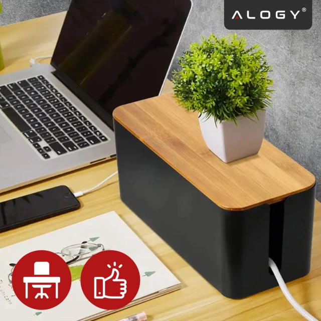 Organizer Pojemnik na Kable i Listwy, Pudełko Biurkowe i Podłogowe Rozmiar L, Estetyczne Wykończenie Drewno, Alogy CableBox™ – Czarny
