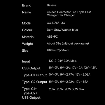 Baseus Golden Contactor Pro Autoladegerät USB-A 2x USB-C 65W dunkelgrau (CGJP010013)