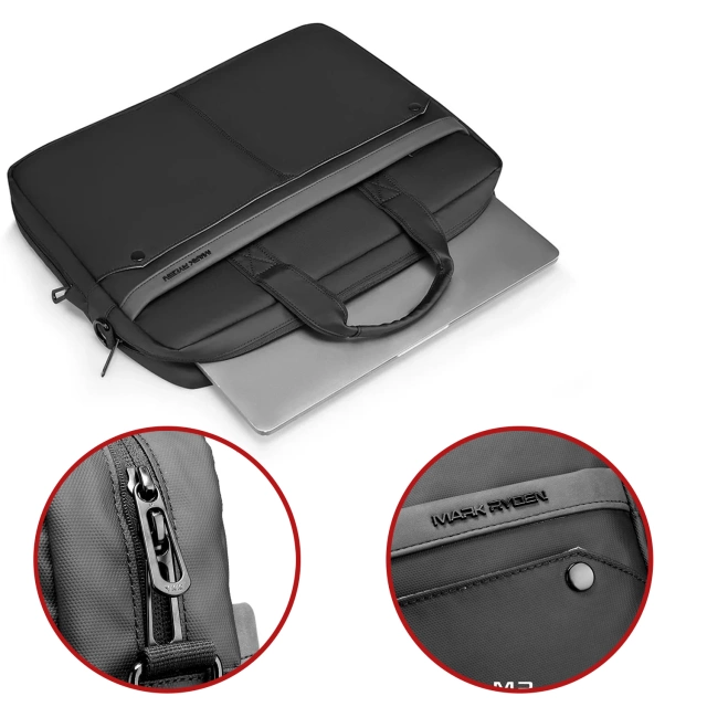 Torba na Laptopa 14" Mark Ryden, Wodoodporna, Elegancka i Pojemna, Lekka 0.5 kg, z Kieszenią na Laptopa i Tablet 9.7", Pasek na Walizkę – Czarna