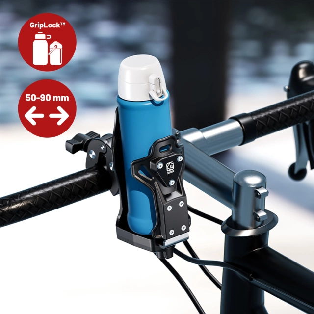 Uchwyt Motocyklowy / Rowerowy na Bidon, Butelkę lub Kubek z Blokadą Antykradzieżową, Regulowany 50–90 mm, Na Hulajnogę, Kierownicę i Ramę - Kewig