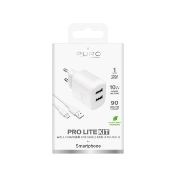 Ładowarka Puro PROLITE 10W 2x USB-A + kabel USB-A–USB-C 1,2 m – biała