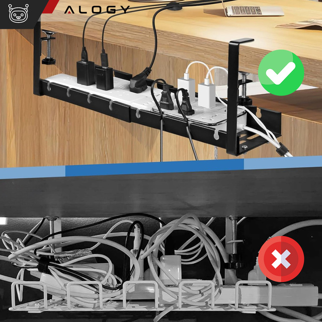 Organizer kabli pod blat półka regulowana na kable listwe biurkowy aluminiowy uchwyt Alogy Czarny