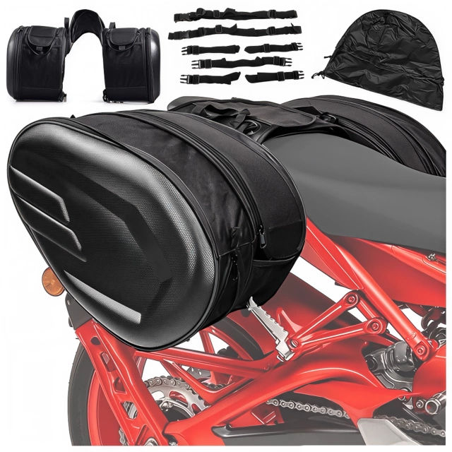 Sakwa Motocyklowa 38–58L – Torba, Kufry boczne, Sakwa na Tylne Siedzenie, Wodoodporna, Twardy Materiał, Regulowana na Motocykl – Alogy RoadPack™ Czarna