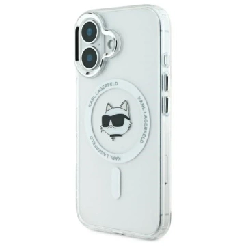 Karl Lagerfeld Hülle für iPhone 16 Plus 6,7 Zoll, weißes MagSafe Hardcase IML-Metall-Choupette-Kopf
