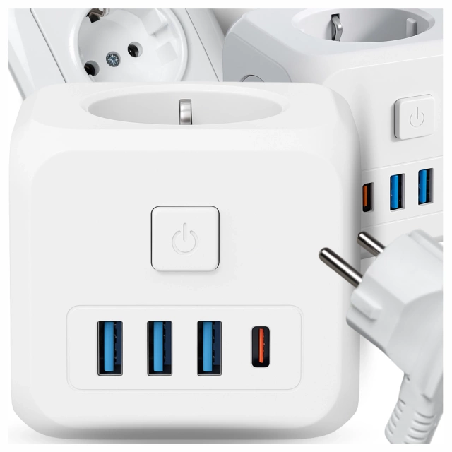 Rozgałęźnik sieciowy rozdzielacz Ładowarka adapter złodziejka 3 gniazdka EU 3x USB + USB-C C 7w1 Alogy Biały