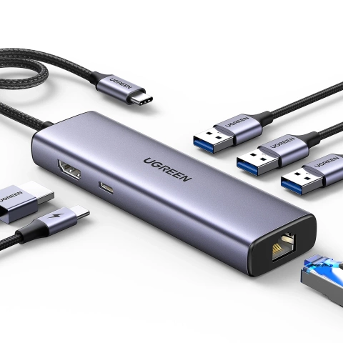 HUB 6w1 Ugreen CM512 USB-C HDMI RJ45 3xUSB-A PD 100W Szary