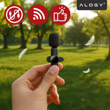 Kabelloses Mikrofon-Set (2 Stück) – Lightning-Anschluss für iPhone, Geräuschunterdrückung, leichtes Design, Reichweite bis zu 20 Meter – 2 Ansteckmikrofone mit Fellbezug, Telefonhörer – Alogy DualVoice™ Schwarz