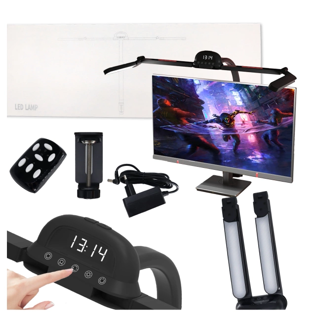 Lampa Biurkowa LED do Monitora ze Składaną Konstrukcją, Regulowaną Jasnością i Pełnym Spektrum Światła, z Mocowaniem do Blatu, Ochrona Oczu, Alogy VisionBar™ – Czarna