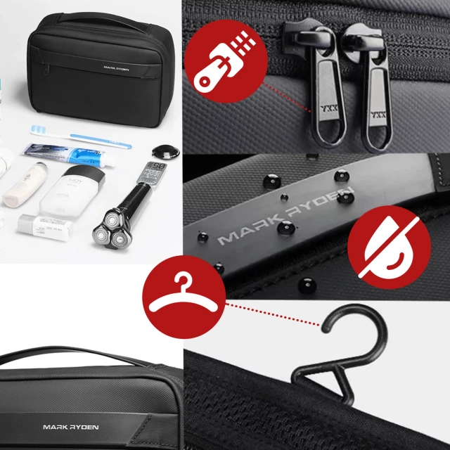 Torba Podróżna Kosmetyczka Mark Ryden Męska i Damska, Pojemna 3.9 l, 4 Przegrody z Haczykiem, Zamek Błyskawiczny YKK, Materiał PU + Oxford – Czarna