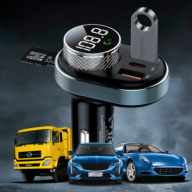 Transmiter FM Ładowarka Samochodowa Bluetooth 5.0 USB QC 3.0 USB-C PD 30W MP3 karty TF BC74 Czarny
