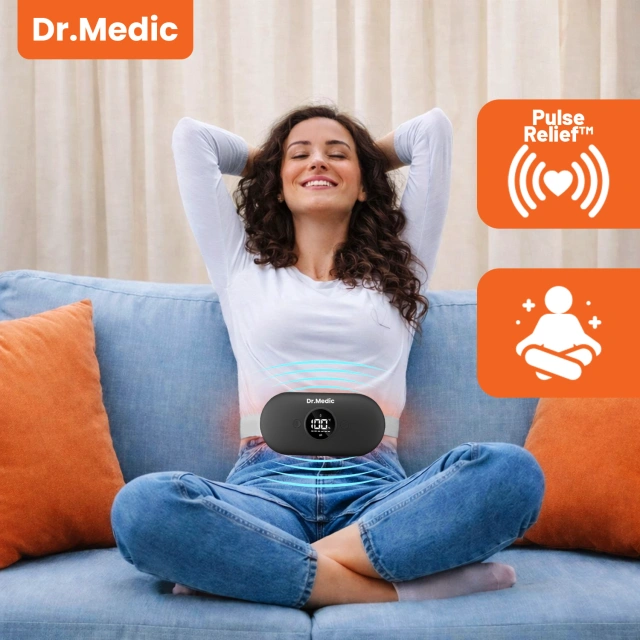 Pas Grzejący z Masażerem na okres i plecy - przeciwbólowy, ciepło + wibracje, 6 poziomów intensywności, akumulator 1800 mAh - Dr.Medic ThermoPulse™ Czarny