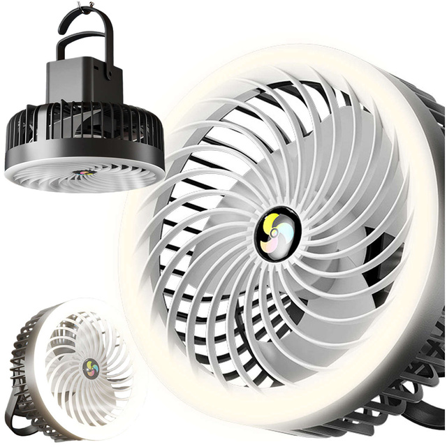 Wiatrak wentylator biurkowy z lampką LED 2w1 Alogy przenośny wiszący stojący Bezprzewodowy Hanging Outdoor Mini Fan uchwyt na haczyk Czarny