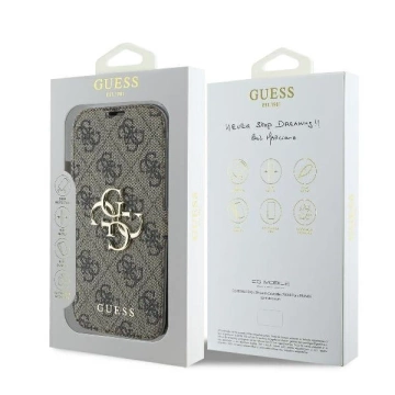 Guess 4G Metall-Logo-Schutzhülle für iPhone 16 (6,1 Zoll) – Braun, mit Standfunktion